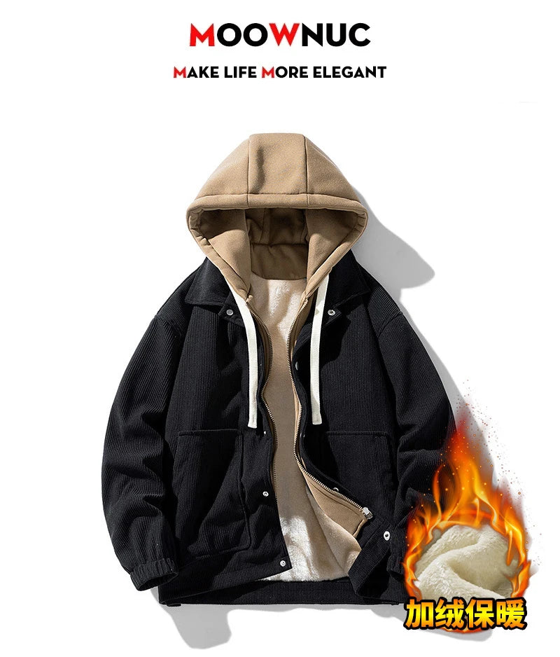 2025 New Corduroy Jacket Men's Harajuku Japanese Windproof Warm Fake Two-piece Hooded Coat Womens Casual Loose Pocket Jacket 4XL