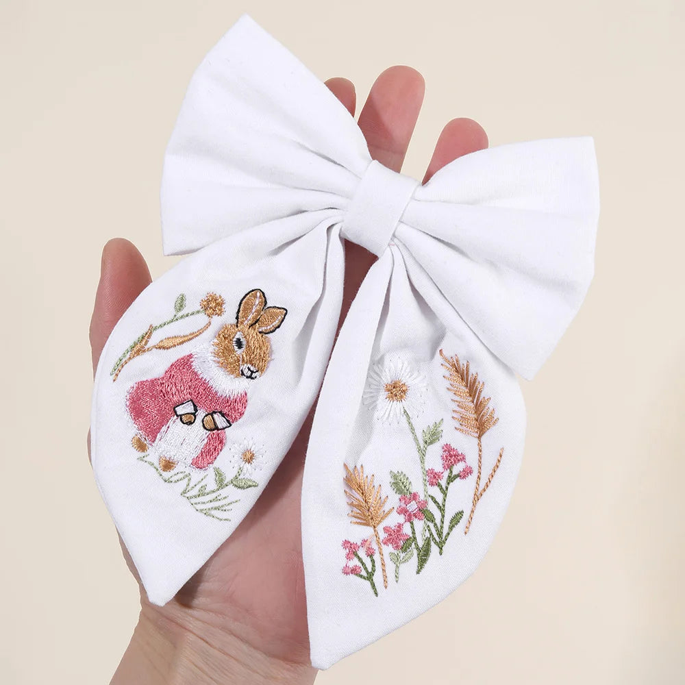Rabbit Embroidery White Bow Hair Clip Sweet Girls Bunny Bowknot Hairpin Handmade Fabric Kids Cute Headdress Headwear Accessories