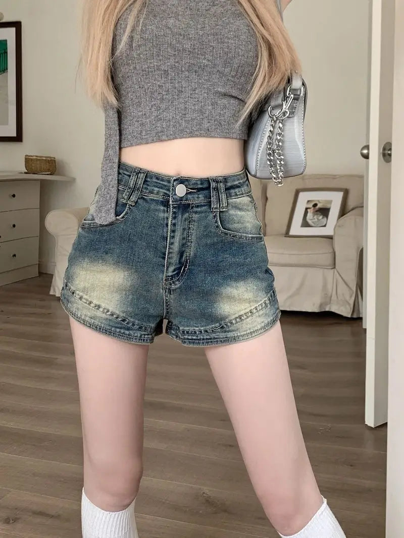 Retro Washed Denim Shorts for Women High Waist Slimming Hot Pants Mini Skirt Y2K Style Summer Fashion Small Stature Sexy Look
