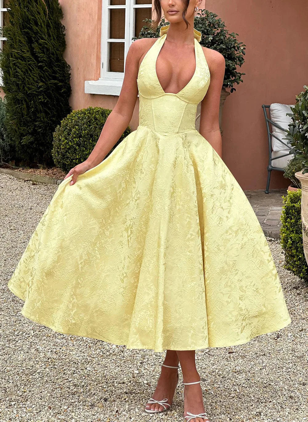 Puss Deep V-Neck Halter Dress Woman Summer Jacquard High-end evening dress Backless Elegant Patchwork Solid Party Sexy Vestidos