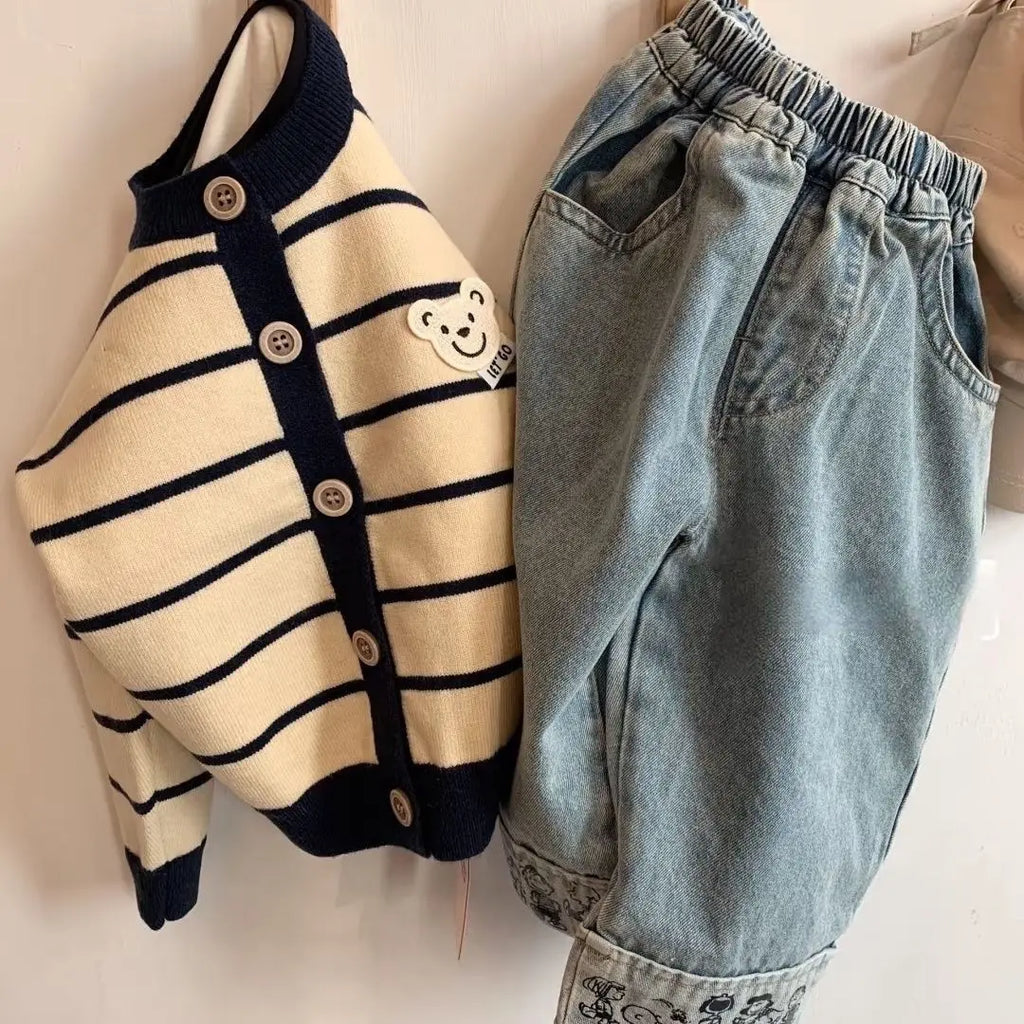Spring Autumn Baby Boy Wide Jeans Korean Casual Cartoon Outwear Children Boy Denim Pants Loose Elastic Waist Kid Boys Trousers