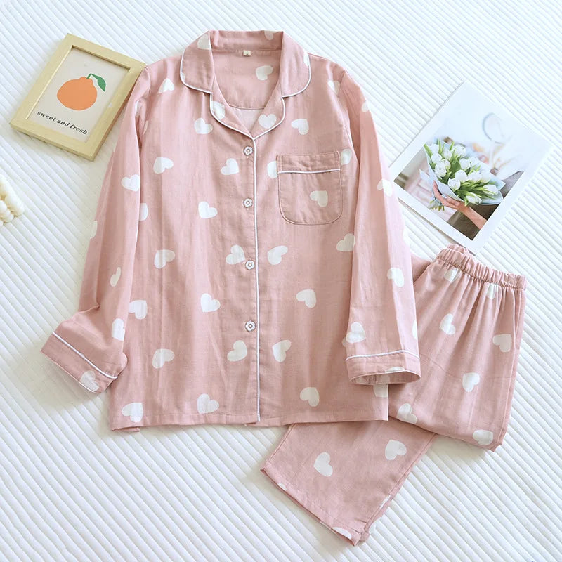 2026 Spring/Summer New Women's Pajama Set 100% Pure Cotton Double Layer Gauze Long Sleeve Two Piece Cartoon Cute Sweet Home Fury