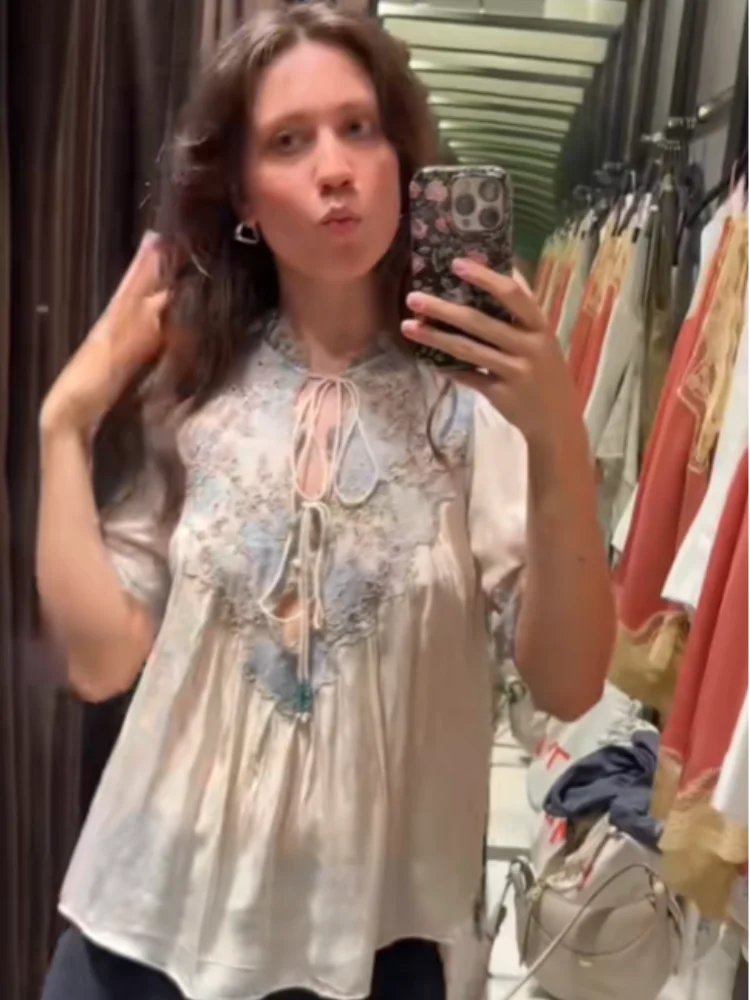 Floral Stamp Lace Patchwork Blouse Ruffle Neck Tie Front Puff Short Sleeve Loose Boho Shirt Women's Casual Vacation Top 2026 New