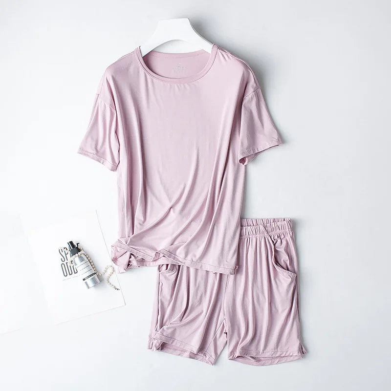 2026 Summer New Pajama Set Women's Modal Short Sleeve Shorts Two Piece Set Ladies Solid Loose Large T-shirt Homewear Women Shirt