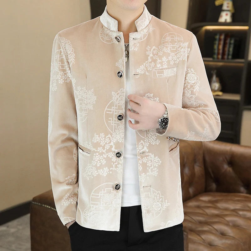 Blazer New Men's Fashion Business Gentleman Wedding English Style Banquet Chinese Jacquard Satin Outdoor Casual Slim Blazer