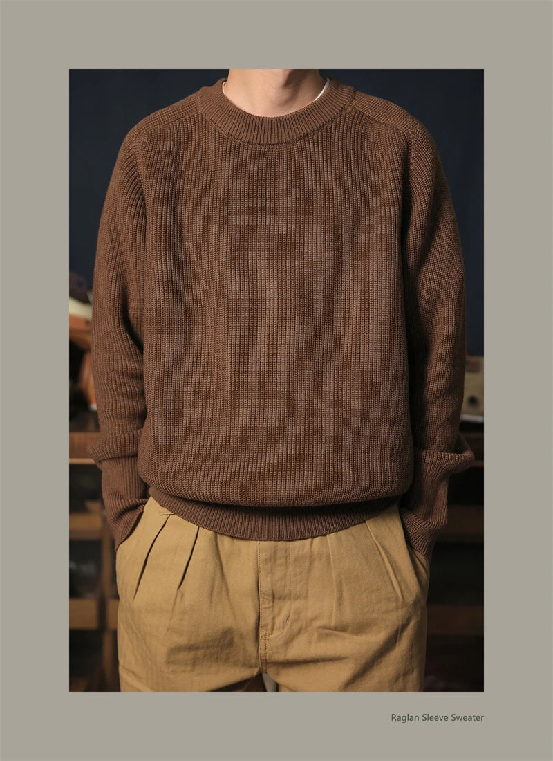 Classic Raglan Sleeve Crewneck Sweater Vintage Style Men's Wool Blend Knitted Pullover Jumper Thick