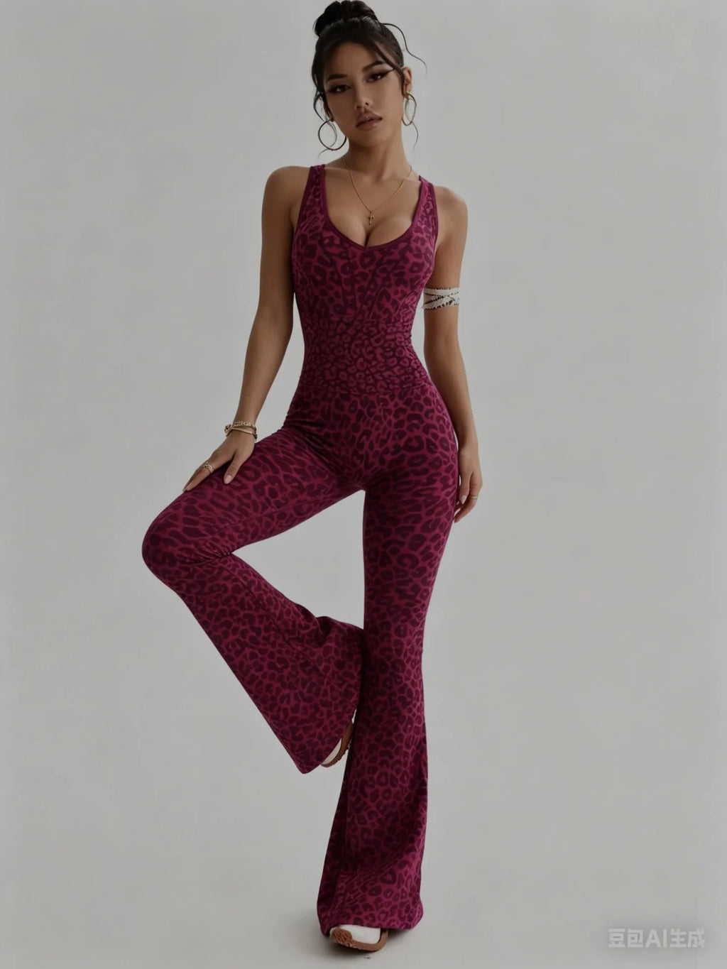 New Leopard Print Bodysuit Women Seamless Flared Pants Jumpsuits Sexy One-piece Fitness Suit Cross Back Stretchy Yoga Jumpsuits