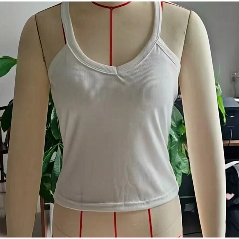 Lady Sexy V-neck Camisole Halter Top With Built In Bra Tank Tops Casual Summer Cotton Padded Sport Vest Breathable Hot Girl Vest