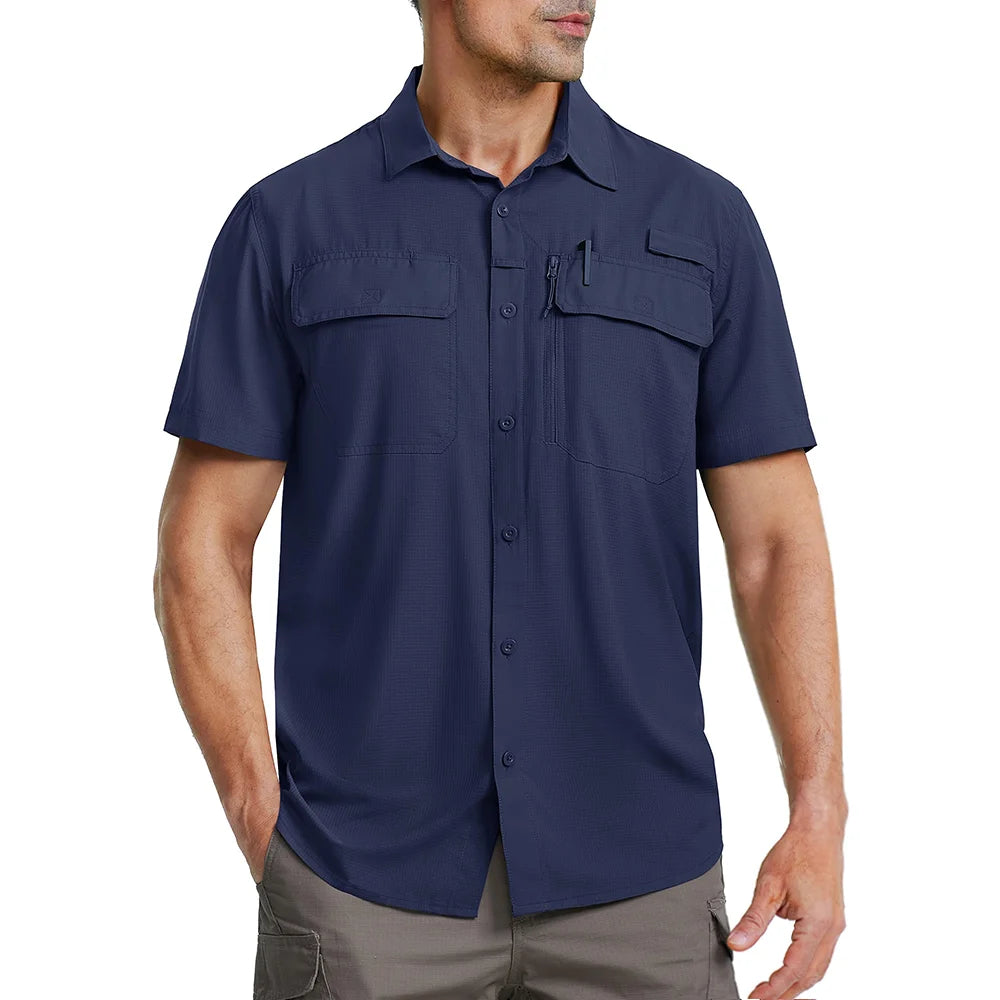 TACVASEN Quick Dry Short Sleeve Shirts Men's UPF 50+ Sun Protection Work Cargo Shirts Mesh Breathable Hiking Fishing Shirts Man