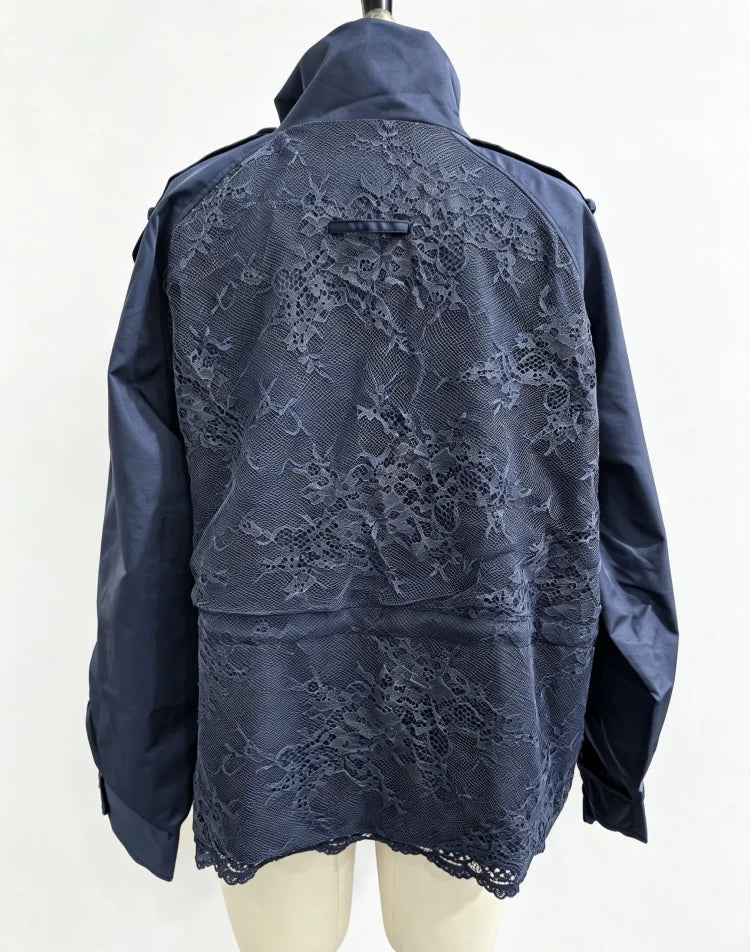 Women Lace Hem Cropped Trench Jacket Stand Collar Epaulet Button Closure Drawstring Waist Side Windbreaker Coat Ladies Outerwear