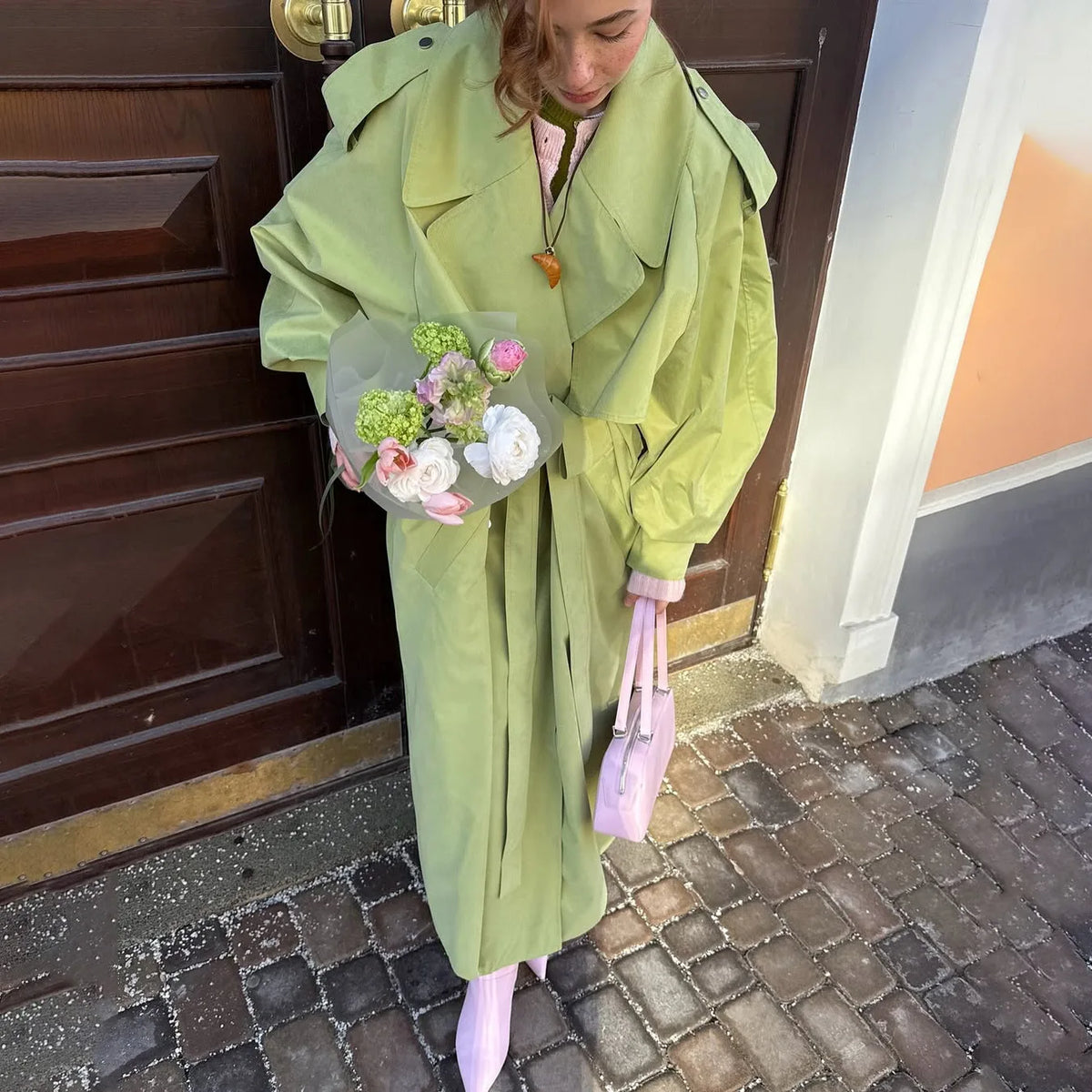 Women Green Oversized Belt Overcoat Elegant Long Sleeve Pleated Lapel Lace Up Windbreaker Autumn Lady Daily Street Outerwears