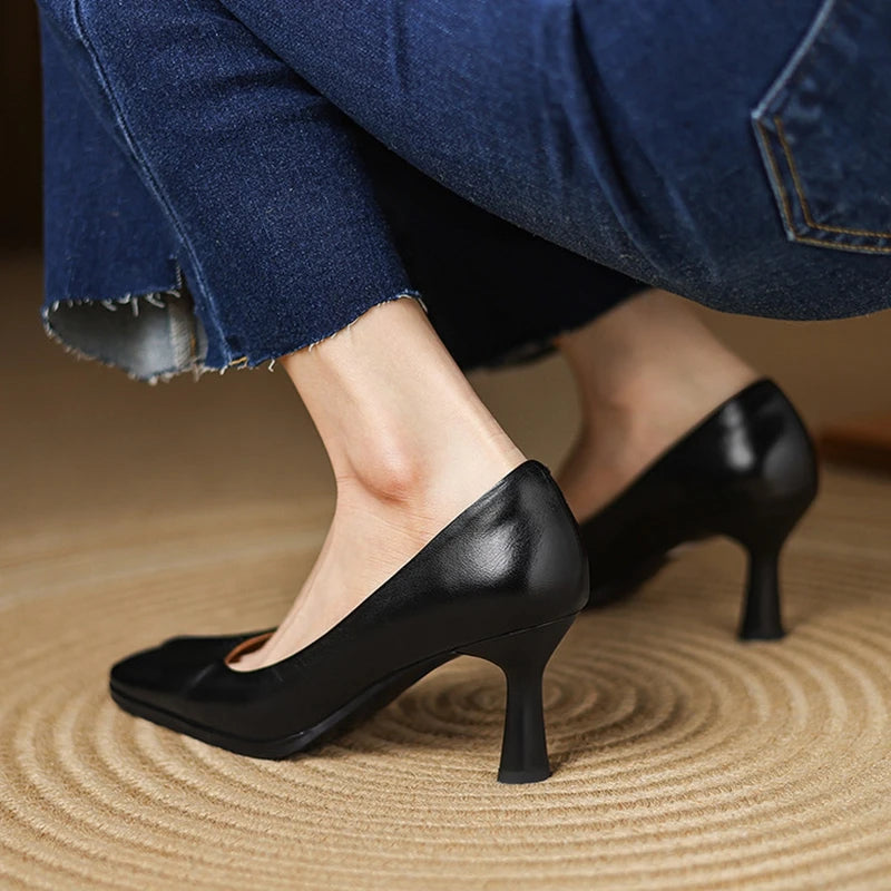 NEW Spring/Autumn Women Pumps Genuine Leather Shoes for Women Square Toe Thin Heel Shoes Concise Shallow High Heel Pleated Shoes