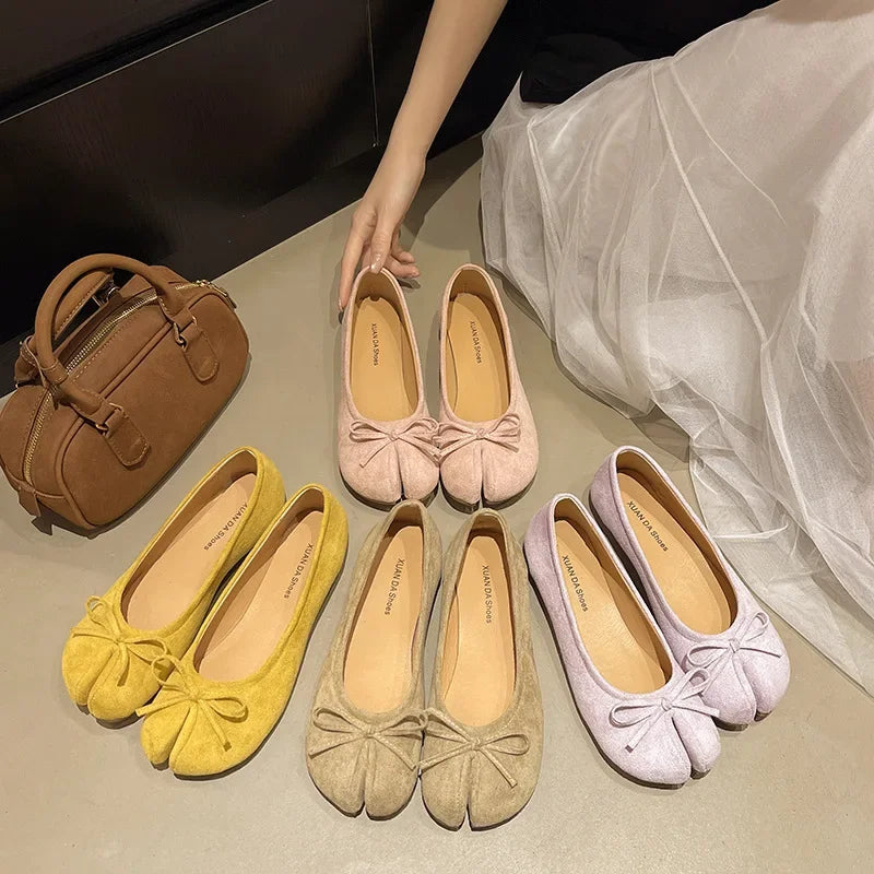 Fashion Suede Split Toe Women Bow Tabi Ballet Flats Spring Autumn Comfortable Walking Lazy Loafers Casual Girls Dance Shoes