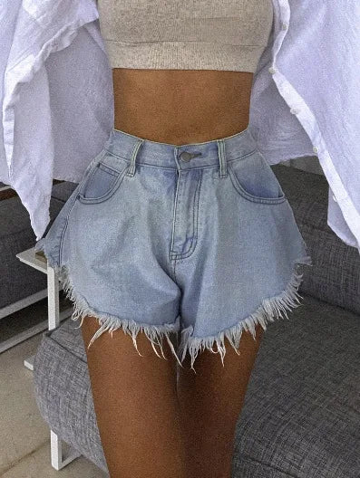 2026 New Women's Umbrella Denim Shorts High Waisted Summer Elastic Tassel Jean Booty Shorts