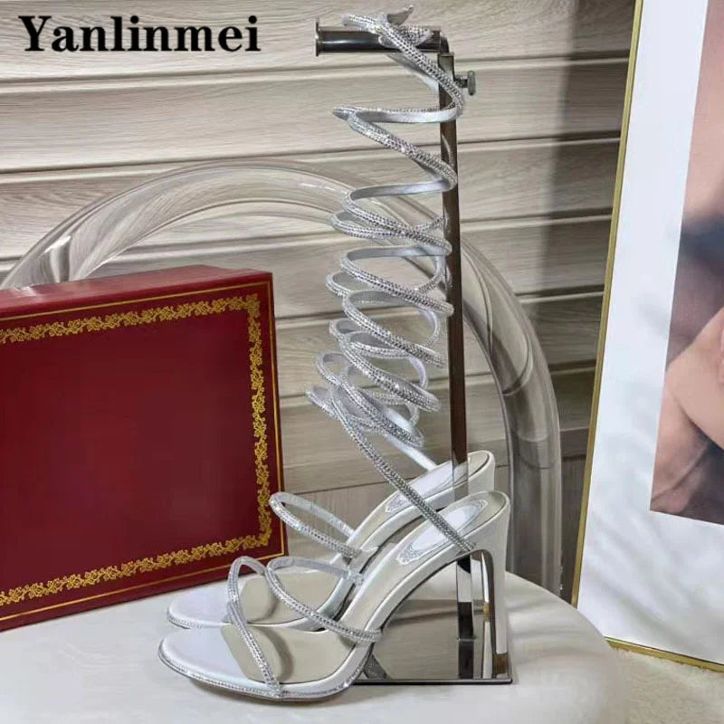New Runway High Heels Sandals Women Crystal Decoration Ankle Strap Stiletto Shoes Woman Narrow Strap Gladiator Sandals Woman