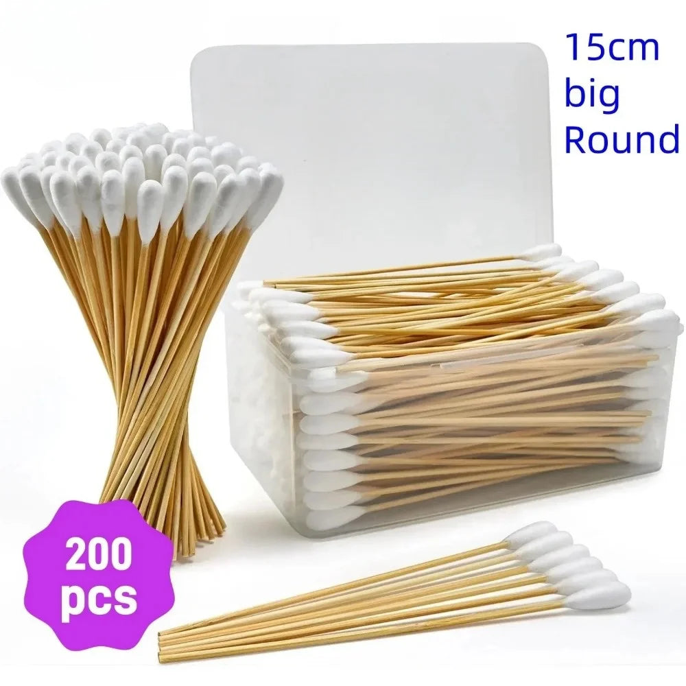 100/300Pcs 6 Inch Long Cotton Swabs with Wooden Handles, Cotton Tipped Applicator for Cleaning, Cotton Sticks Oil Makeup