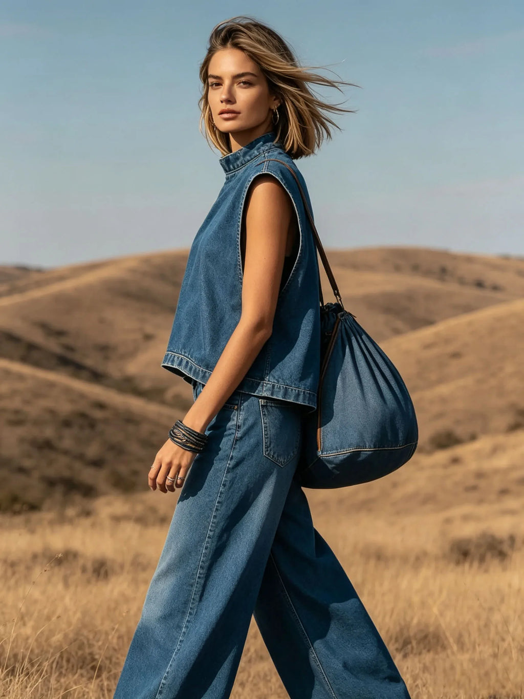 Summer Denim Outfits Female Fashion Solid Color Two Piece Set for Women Sleeveless Top & Wide Leg Pants Holiday Matching Set