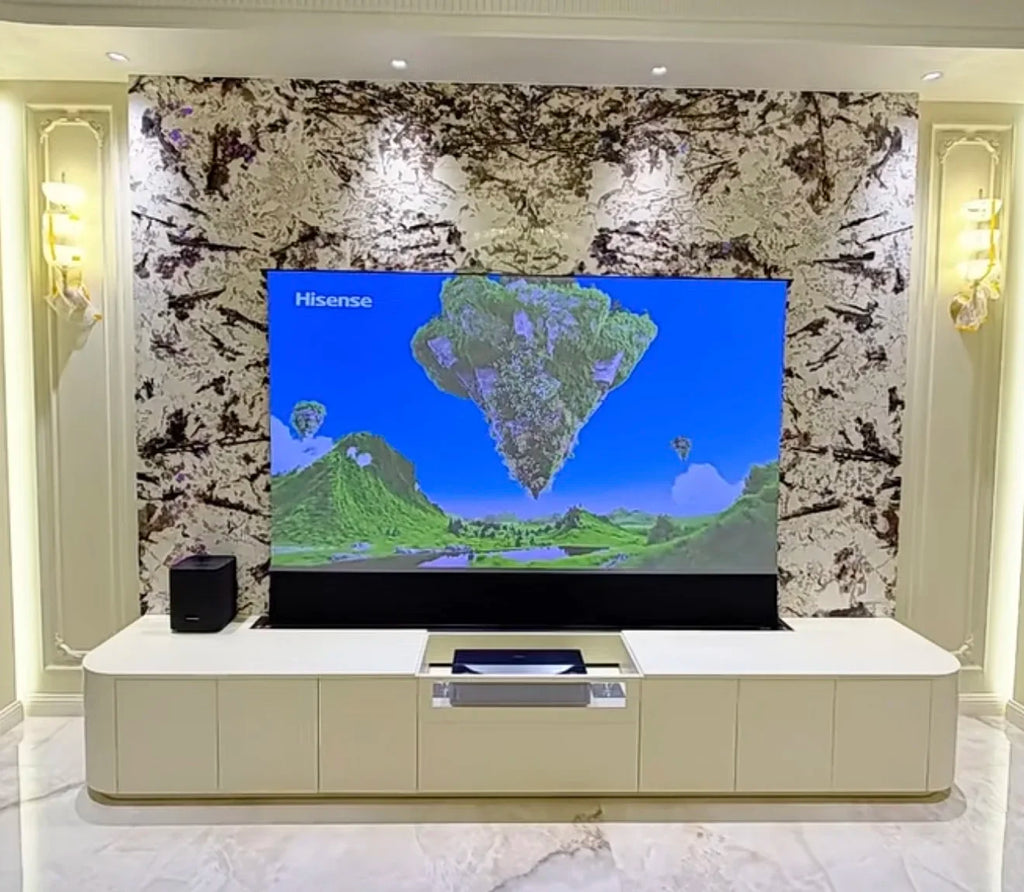 Motorized Floor Rising CLR Projection Screen Tab Tension 92 100 Inch Ambient Light Rejecting Electric for UST Projectors 3D 8K