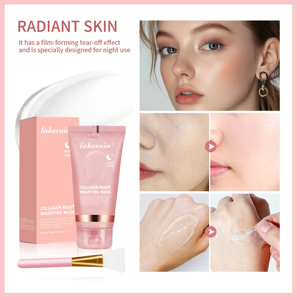Collagen Overnight Wrapping Peel Off Facial Mask, Korean Collagen Night Wrapping Mask Deeply Hydrates Night Care Mask Cream 75ml