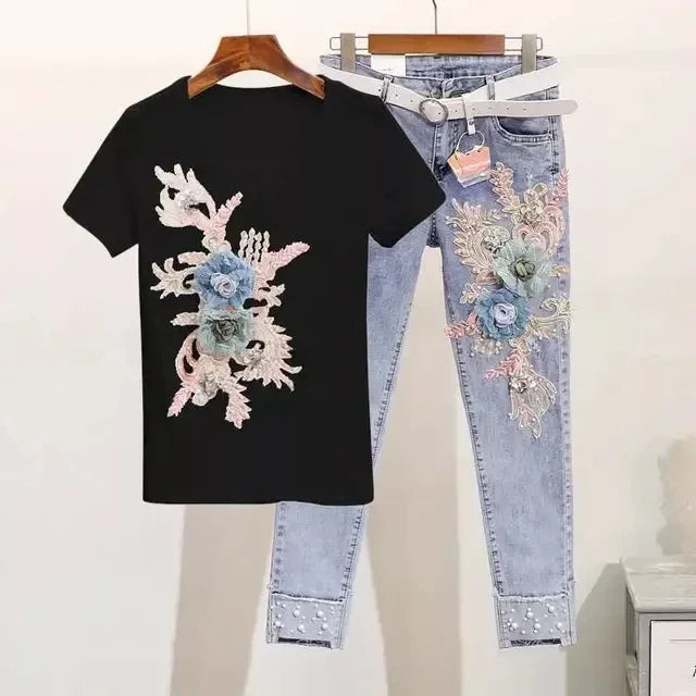 Two-Piece Suit 2025 Summer New Women Denim Pants Beading Embroidery Tshirt Tops+ High Waist Hole Jeans Female Casual Outfits