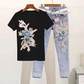 Two-Piece Suit 2025 Summer New Women Denim Pants Beading Embroidery Tshirt Tops+ High Waist Hole Jeans Female Casual Outfits