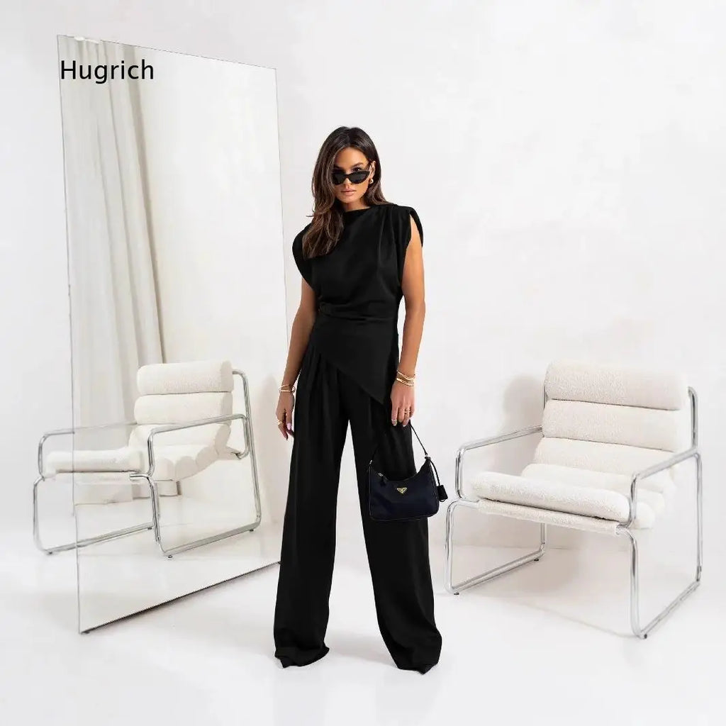 Womens Solid Color Irregular Short Sleeve Top And Wide Leg Pants Two Piece Outfit For Summer Casual Street Looks