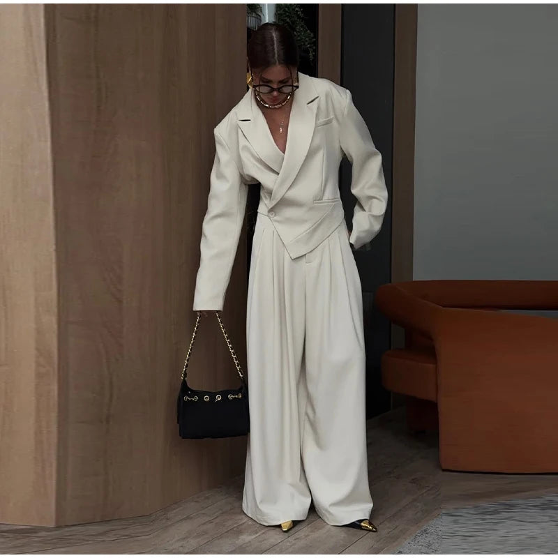 Women Solid Top Pants Set Lapel Neck Single Breasted Oversized Coats Ruff Leg Loose Pants Set Lady Spring Chic Casual Sets Wear