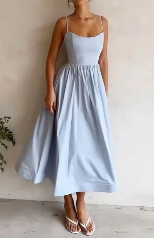 KIDCRKJ Women's U-neck Summer Dress Elegant Sleeveless Camisole Slim Pleated Sundress Loose Host A Performance Party Long Dress