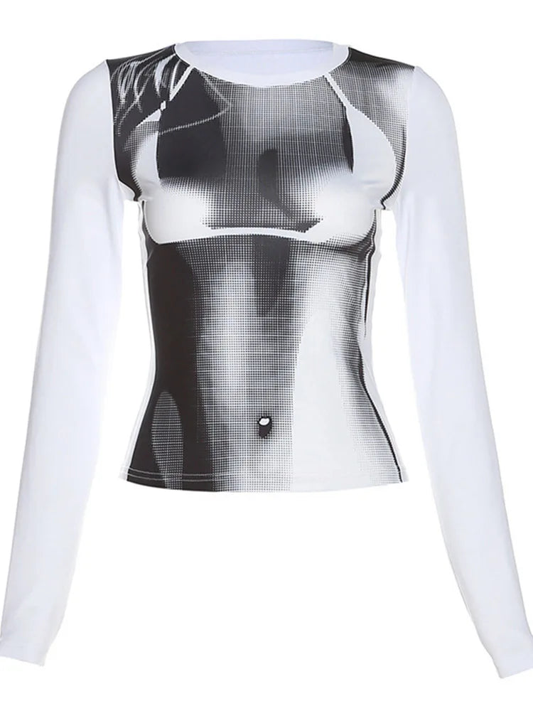 Body Print Crop Tee Shirts Women Fall Spring Y2K Korean Fashion Long Sleeve O-neck Skinny Top Tshirt Streetwear
