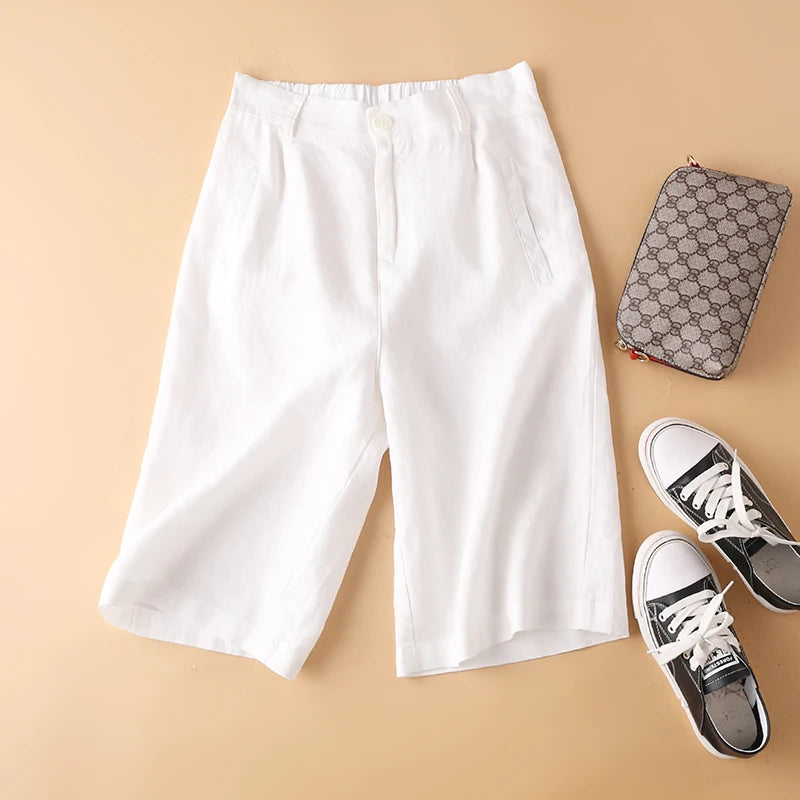 Casual Linen Wide Leg Short Pants Women Summer Loose Fit Thin Cotton Linen Five-Point Pure Color Versatile High Waist Shorts