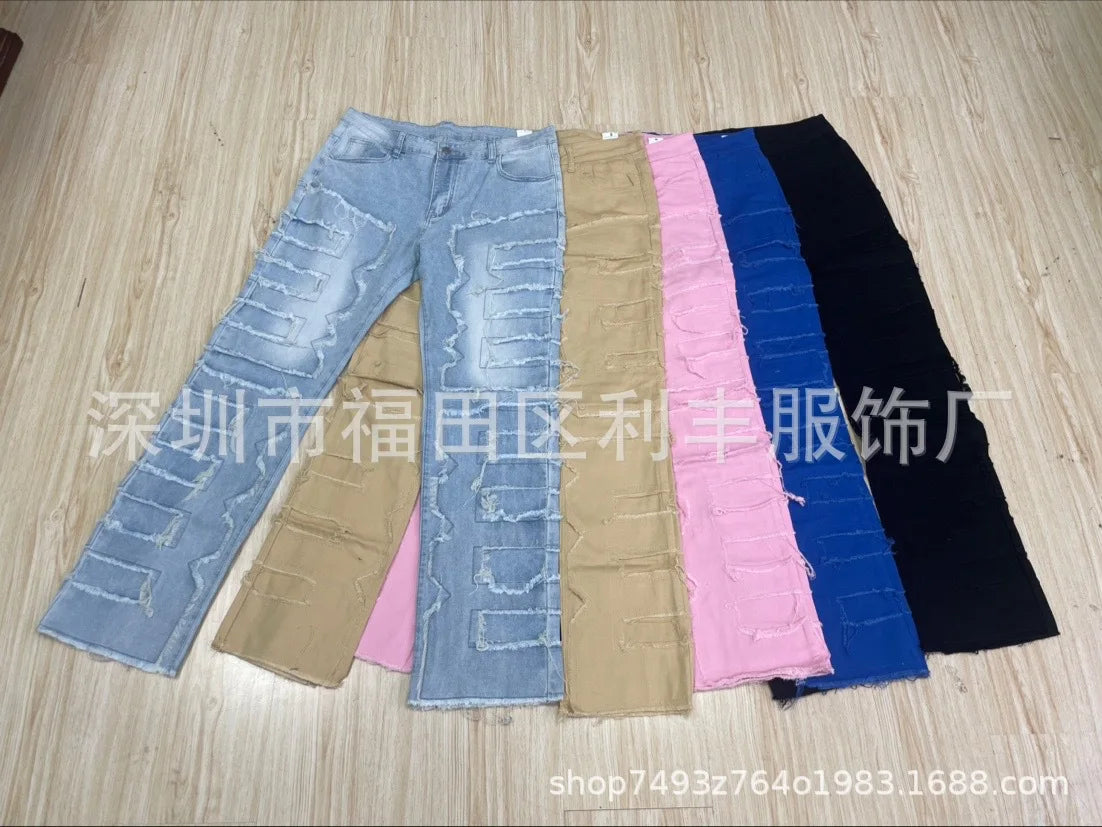 2026 New Men's Denim Straight-Leg Pants, European and American Street Fashion Ins Stretch Patch Denim Straight-Leg Pants