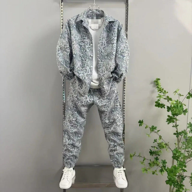 Men's casual collar jacquard shirt and pants two-piece set, spring and autumn new fashion and handsome set, complete set