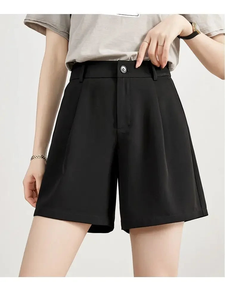 Suit Shorts Women Wear Loose Waist Tight Waist High Thin Loose Straight Leisure A -line Wide -legged Female Three -point Pants