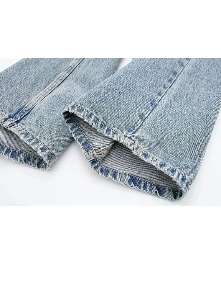 HH 2024 Women's Street Fashion Denim Blue Jeans Distressed Patchwork High Waist Zipper Fly Ripped Retro Long Pants