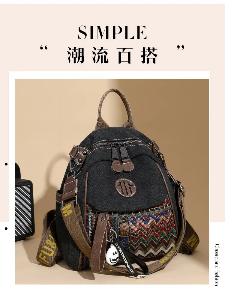 Denim ethnic style embroidered women's double shoulder bag, color-matched large capacity backpack, multi-purpose crossbody bag