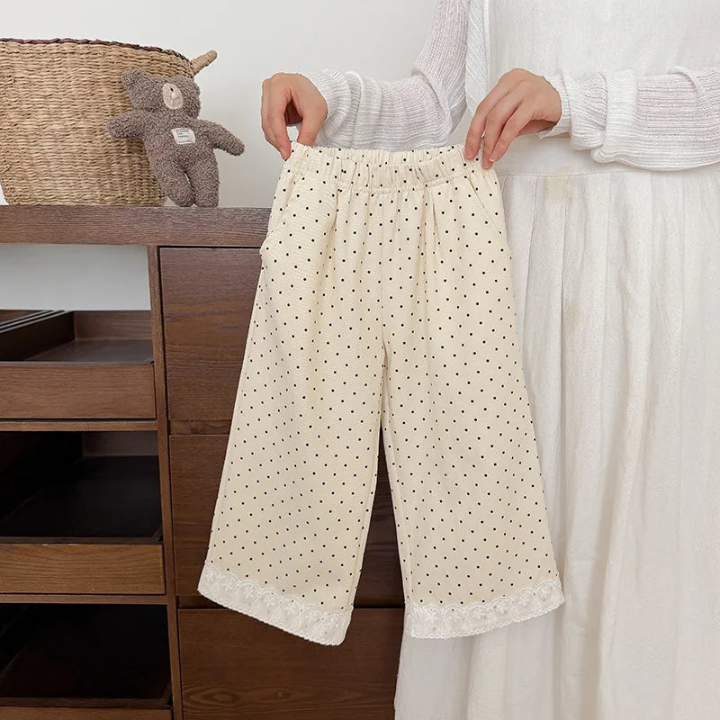 Korean Style Baby Girls Polka Dot Wide Leg Pants Lace Hem Loose Trousers Toddler Kids Elastic Waist Casual Fashion Pants
