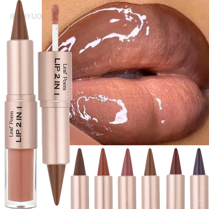 2 in 1 Lip Liner & Lip Gloss Waterproof Double Ended Matte Contour Pencil Crystal Mirror Lip Glaze Lasting Non Sticky Lip Makeup