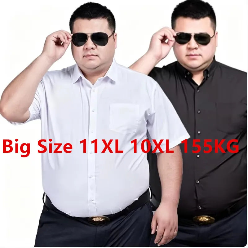 Plus Size 11XL 10XL Men's Business Shirt Casual Short Sleeve Summer Versatile Black-White Twill Plain Basic Social Formal 155KG