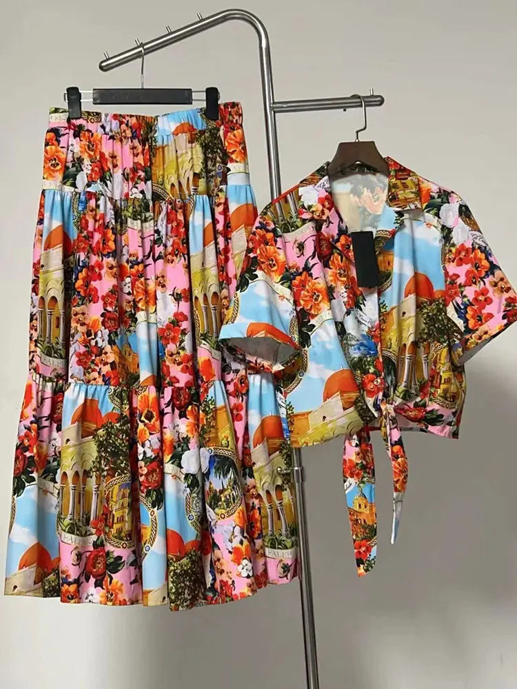 Retro Summer Women's New Two-Piece Lapel Single-Breasted Hem with Strapless Short Shirt + Elastic Waist A-Shaped Fashion Suit