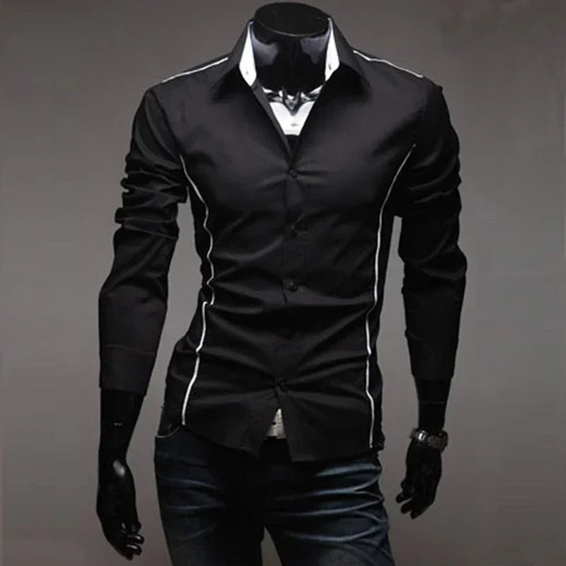 Mens Stripes Shirts Long Sleeved Slim White Social Shirts Casual Male Clothes Business Camisa Masculina Chemise Christmas Shirt