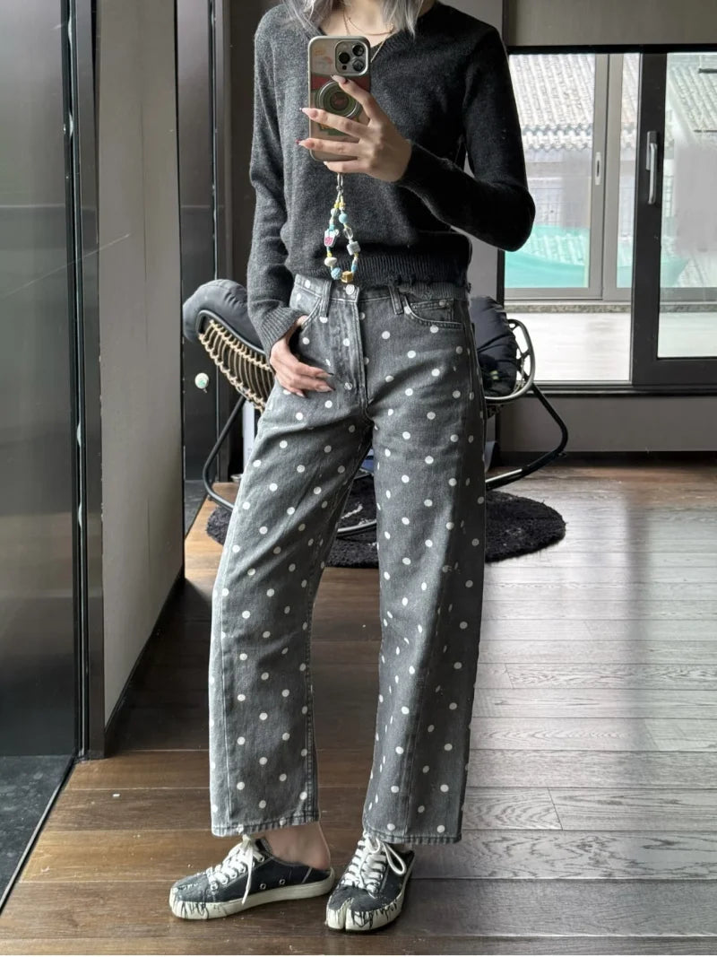 ETJ 2026 New Women's High Waist Polka Dot Wide Leg Jeans Casual Straight Denim Pants Fashion Summer Loose Fit Trousers