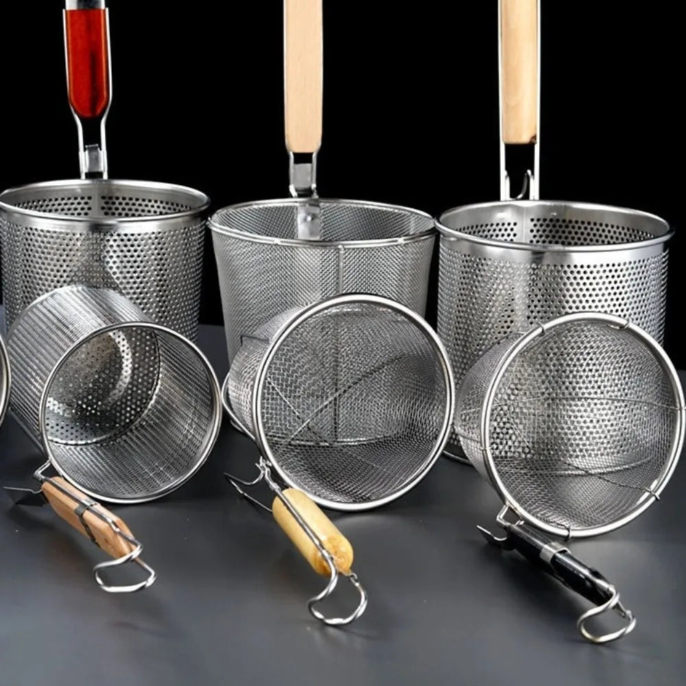 Durable Thickened Stainless Steel Funnel Kitchen Gadgets Wooden Handle Pasta Basket Strainer Multifunctional Noodle Funnel
