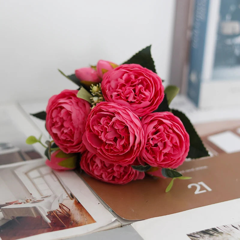 Peony Artificial Flower Exquisite Wedding Bridal Party Bouquets Home Vase Accessories Fake Christmas Table Garden Backdrop Decor