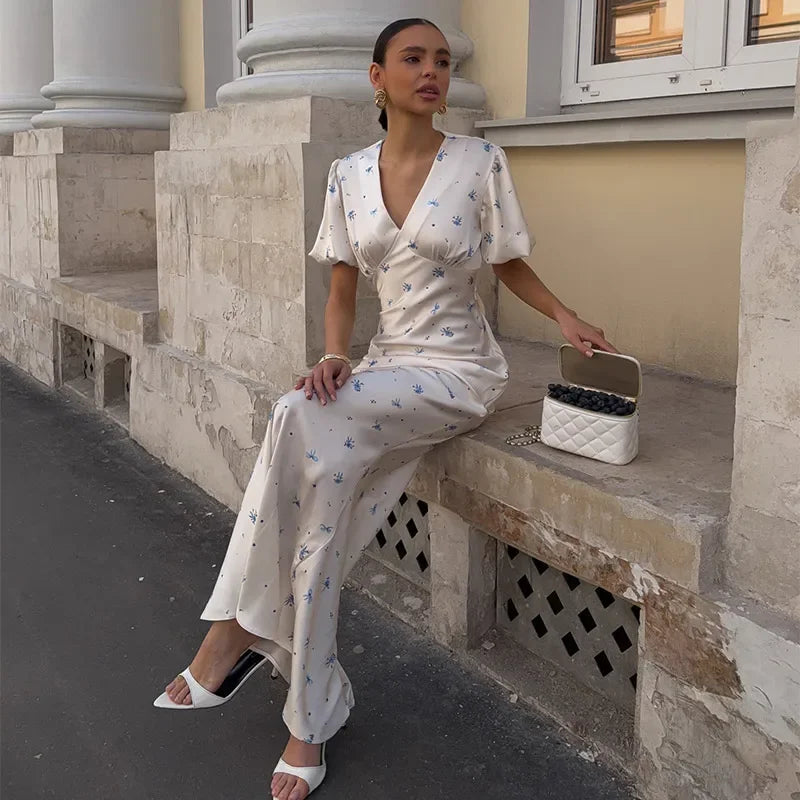 Elegant Print Women Long Dress Fashion V-neck Pleated Flutter Short Sleeve Empire Female Dresses 2026 Summer Chic Female Robe