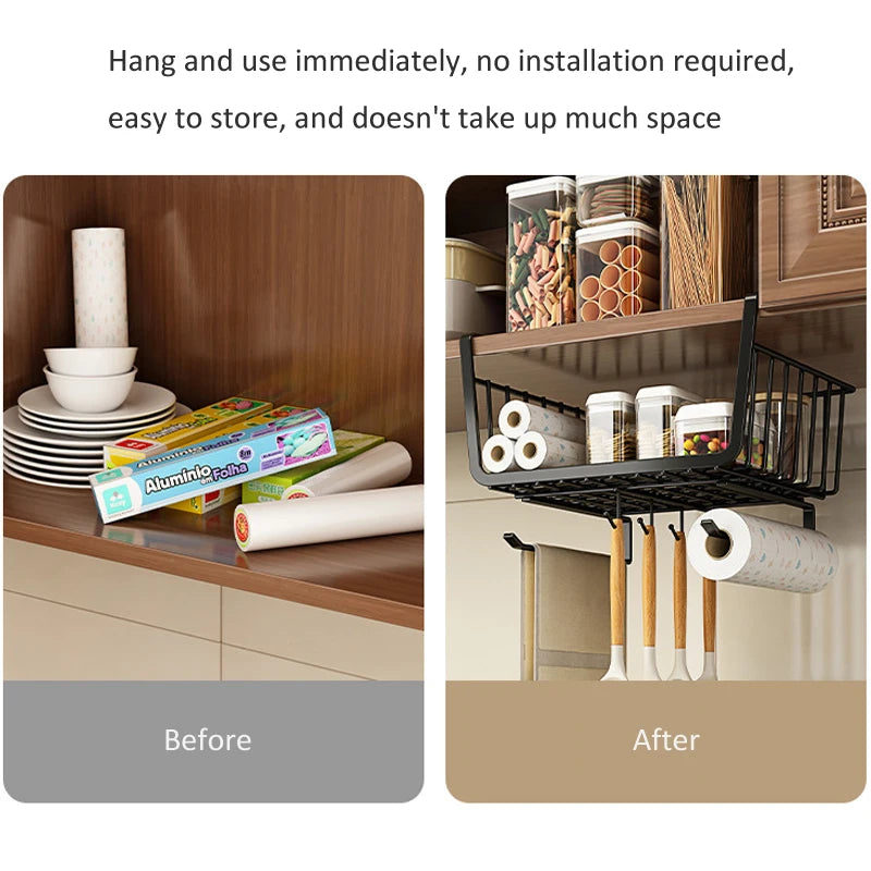 Kitchen Under Cabinet Basket Organizer Storage Hanger Cup Holder Closet Desk Hanging Rack for Kitchen Paper Towel with 4 hooks