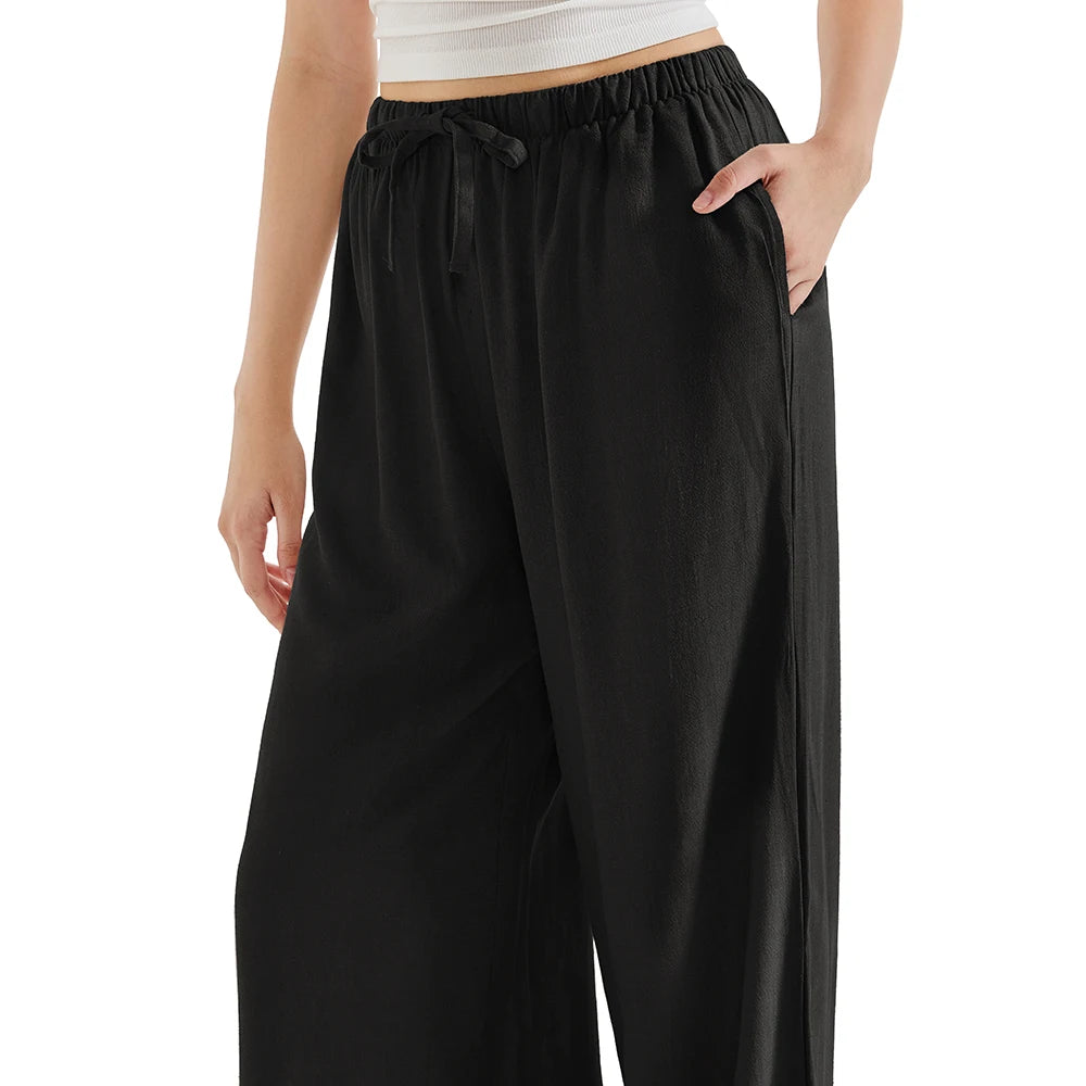 Loose Wide Leg Casual Pants Women's  Korean Linen Office Lady Household Trousers Drawstring Straight Leg Long Pants Femme