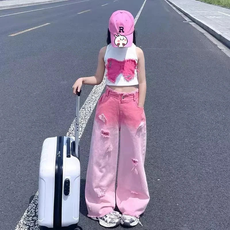 2025 Summer New Girls Clothing Set Bow Sleeveless Vest+Butterfly Decoration Gradient Ripped Jeans 2Pcs For 3-8Y Fashion Outfit