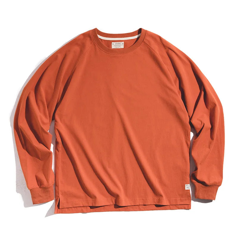 Maden 100% Cotton Loose Crew Neck Long Sleeve T-shirts Men's  230g Thin Breathable Tee Shirt Basic Solid Color Oversized Tops