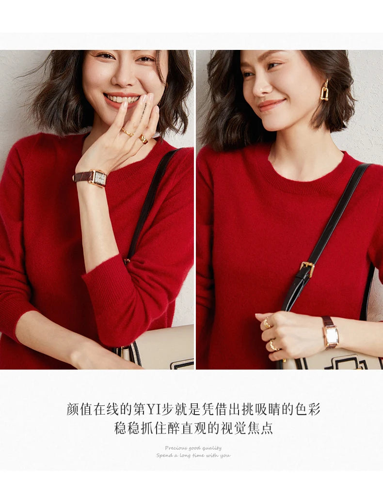 100%Merino Pure Wool Pullover Sweater For AutumnWinter Women's Round Neck Warm High-Quality Solid Color Basic Knitted Jumper Top