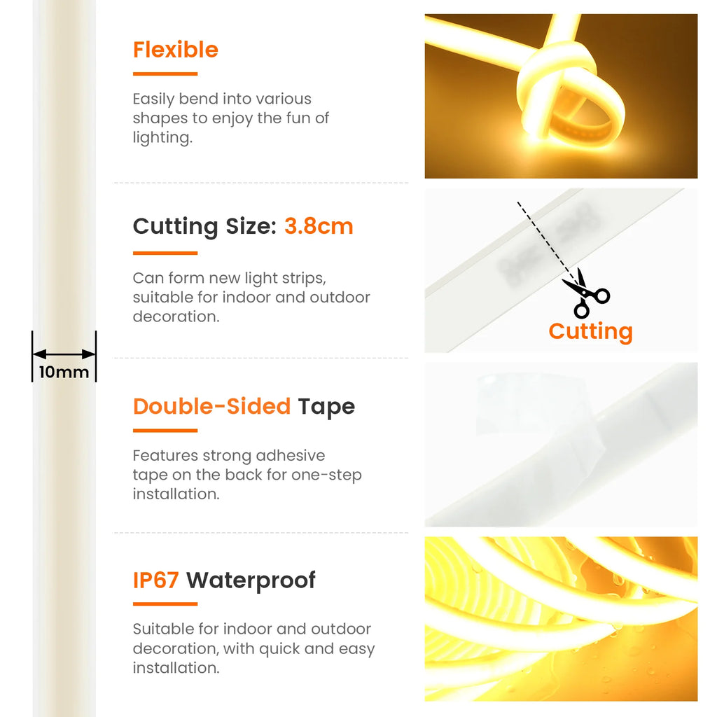 Waterproof Flexible COB Neon Light DC 12V 24V Milky White 3000K 4000K 6000K 0.5M-20M for Home Indoor Outdoor Decoration